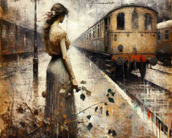 Solitary Woman at Rainy Train Platform with Vintage Train