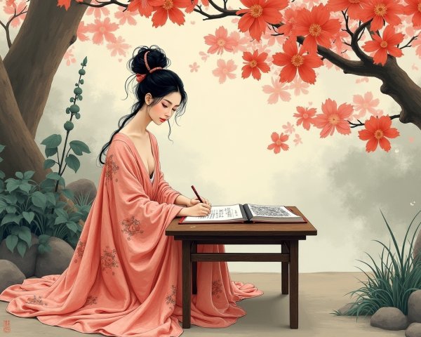 Young Woman in Peach Kimono Writing Amidst Nature