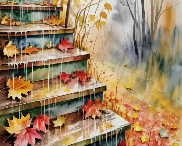 Watercolor of Wooden Stairs with Autumn Leaves