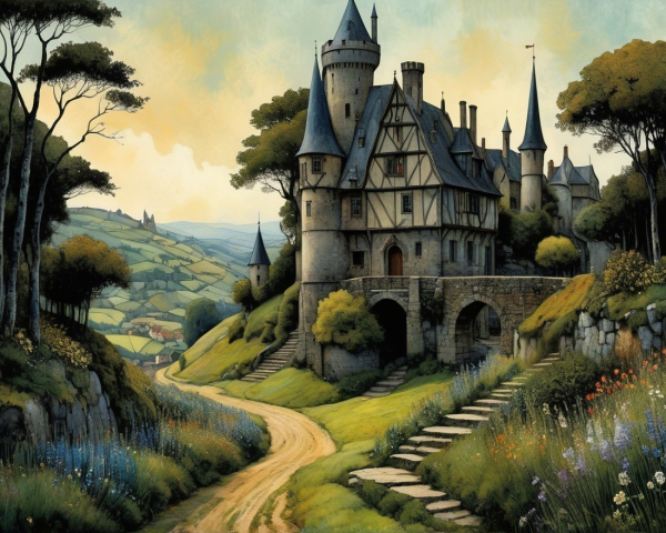 Medieval Castle Surrounded by Lush Green Hills