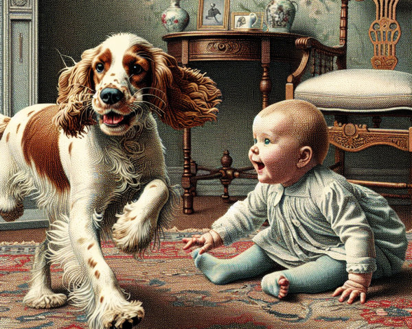 Joyful Dog and Baby in Vintage Living Room Scene
