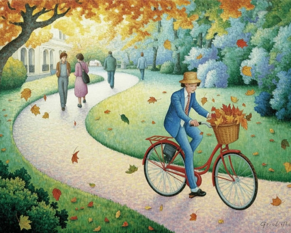 Autumn Scene of a Young Man on a Bicycle with Leaves