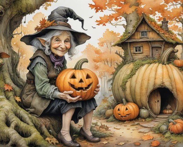 Whimsical Autumn Scene with Elderly Witch and Pumpkins