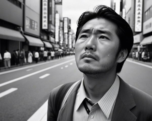 Contemplative Man Under City Advertisement Canopy