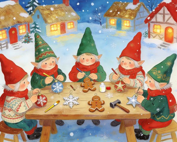 Whimsical Christmas Elves Decorating Ornaments Together