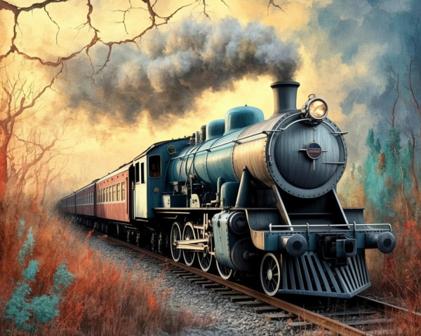 Vintage steam locomotive in serene sunset landscape