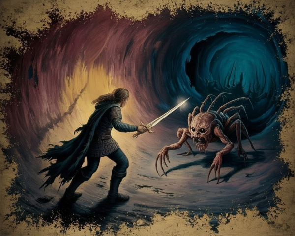 Warrior confronts monster in dark swirling tunnel