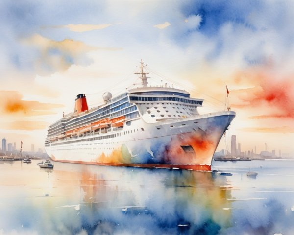 Cruise Ship Anchored at Sunset with City Skyline