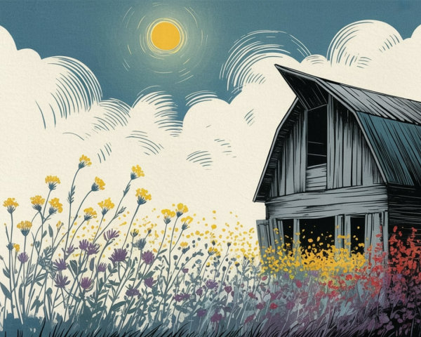 Rustic Barn Surrounded by Colorful Wildflowers