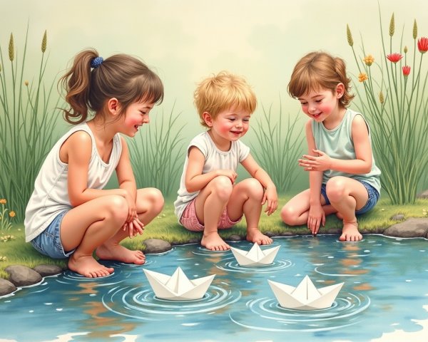 Children Playing by a Serene Pond with Paper Boats