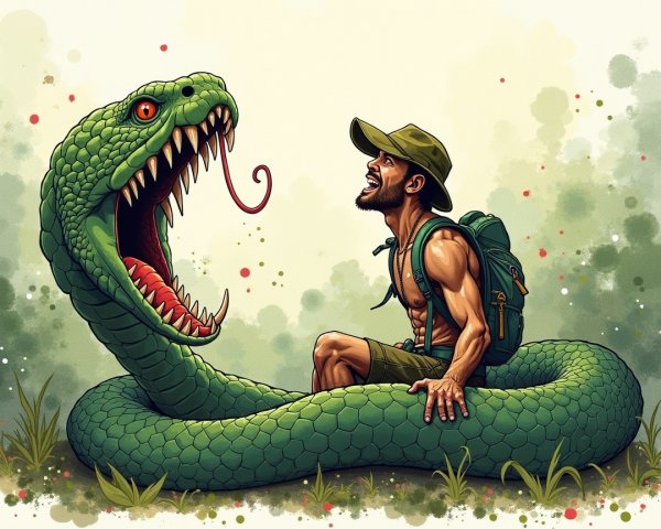 Muscular Man Encounters Giant Green Snake in Nature