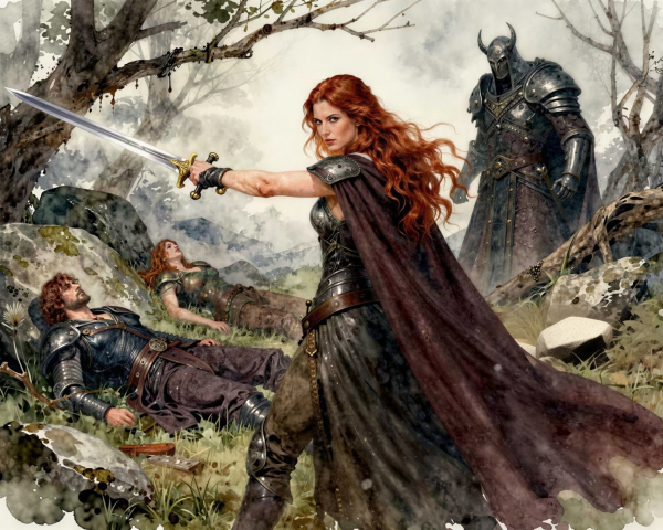 Fantasy Watercolor of a Female Warrior in Battle