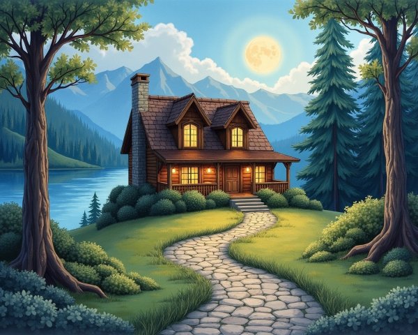 Wooden Cabin by Lake with Mountains and Moonlight