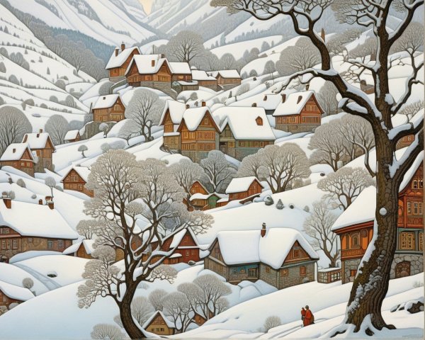 Charming Village in a Snow-Covered Winter Landscape