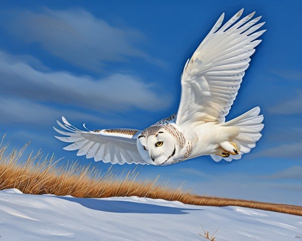 Snowy Owl in Flight Over Winter Landscape