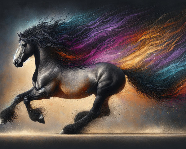 Black Horse Galloping Against Vibrant Colorful Background