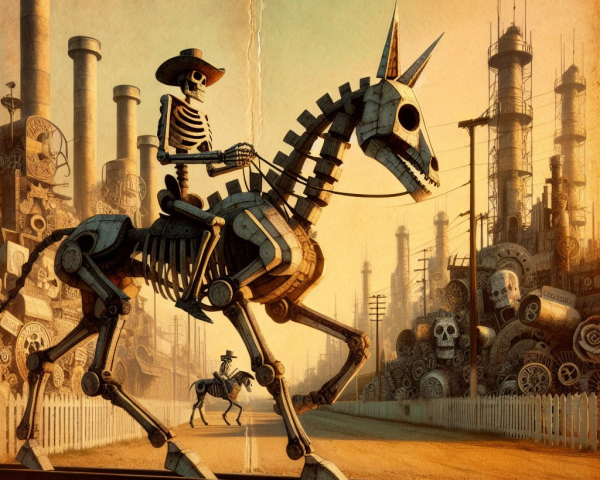 Skeleton Cowboy on Mechanical Horse in Steampunk Scene