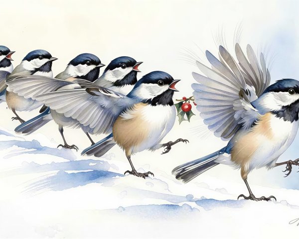 Watercolor Painting of Chickadees in Snowy Landscape