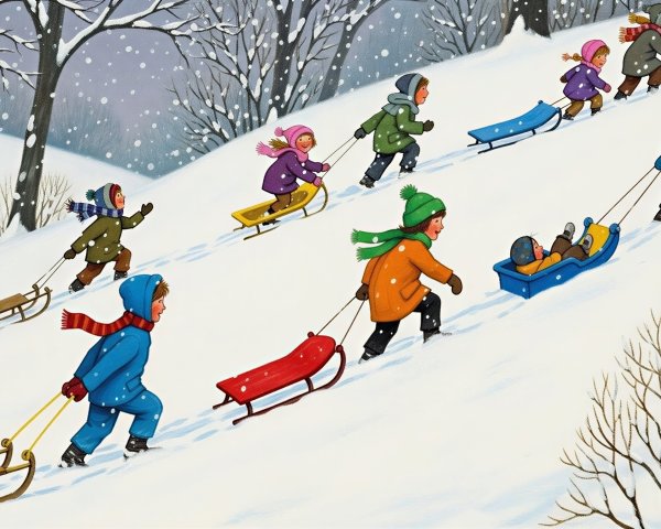 Children Sledding on a Snowy Hillside in Winter