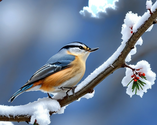 Nuthatch on Snowy Branch with Moonlit Background