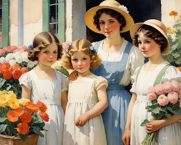 Four Young Girls in Vintage Dresses in Flower Garden