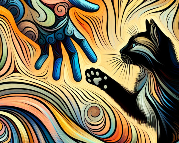 Abstract Cat and Hand Interaction in Warm Colors