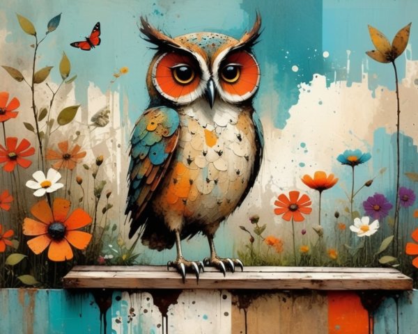Whimsical owl with vibrant colors on wooden ledge