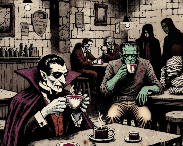 Classic Horror Characters Gather in Rustic Tavern