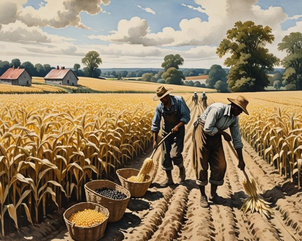 Farmers Harvesting Crops in a Golden Field Scene