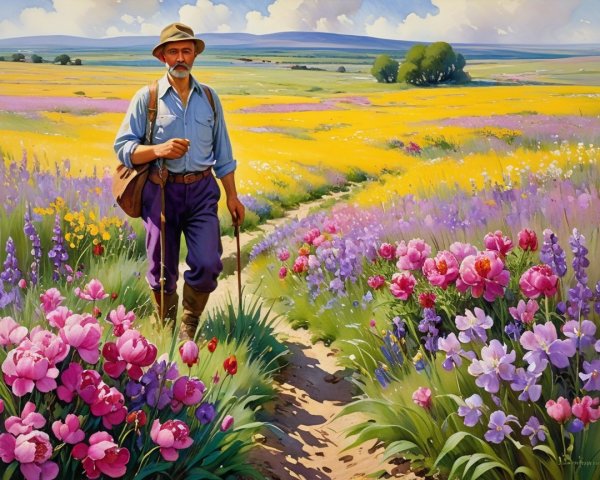 Man Walking in a Colorful Flower-Filled Landscape