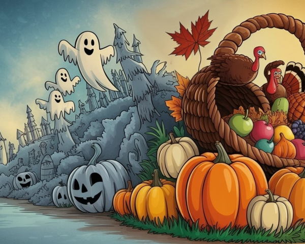 Halloween and Thanksgiving Themed Split Illustration
