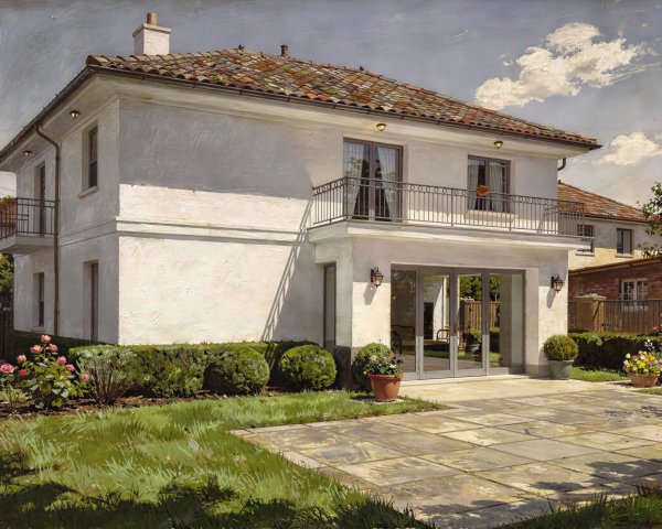 Realistic Painting of a White Stucco House with Balcony