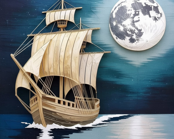 Wooden ship with sails on calm waters under moonlight