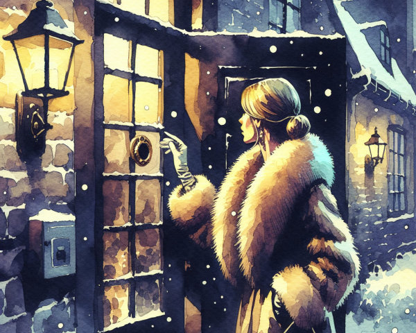 Elegant Woman at Snowy Cottage Door with Lantern