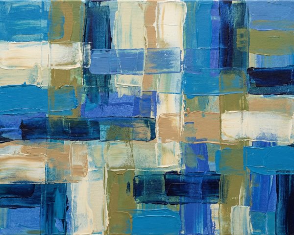 Abstract Grid Painting with Blue and Earth Tones