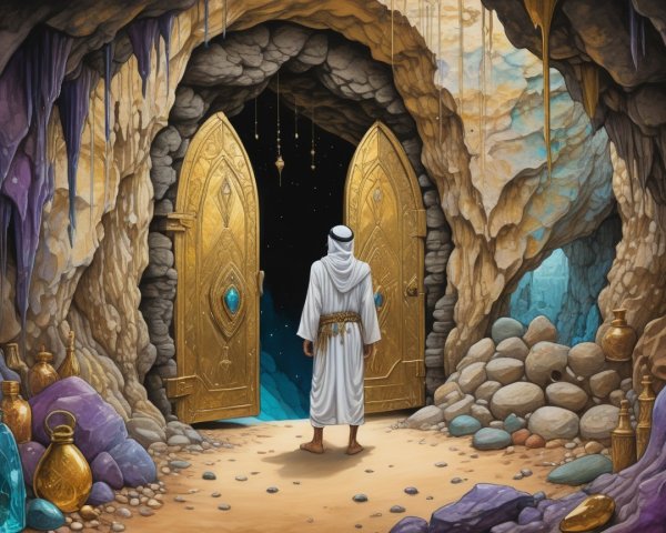 Hooded Figure Before Golden Doors in Rocky Cave
