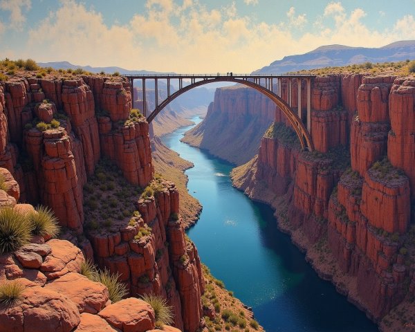 Monumental arch bridge over a deep canyon landscape