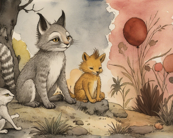 Whimsical Scene of Cat, Fox Cub, and Rabbit in Nature