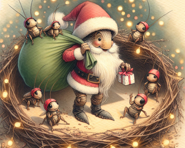 Whimsical Santa Figure Surrounded by Cheerful Crickets