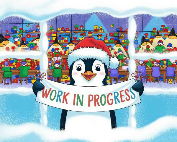 Cartoon Penguin in Santa Hat with Workshop Background