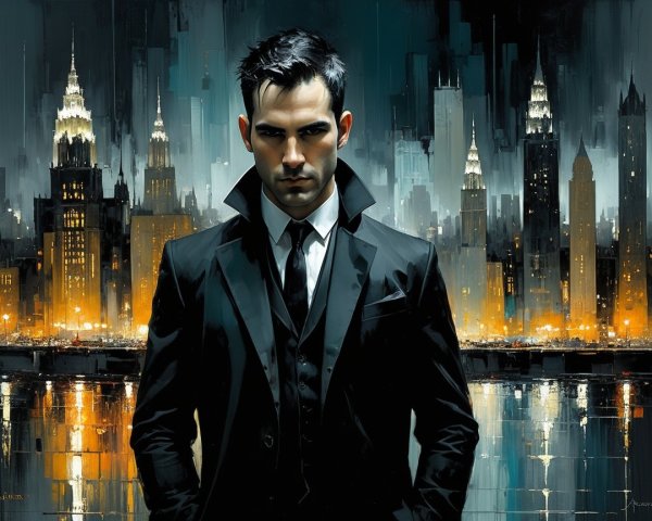Sleek Figure in Black Suit Against City Skyline at Night