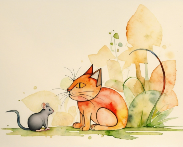 Whimsical Watercolor of Cat and Mouse in Greenery