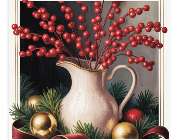 Christmas Greeting Card with Pitcher and Berries