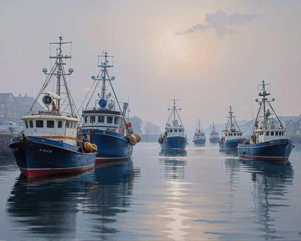 Serene Harbor Scene with Fishing Boats and Mist