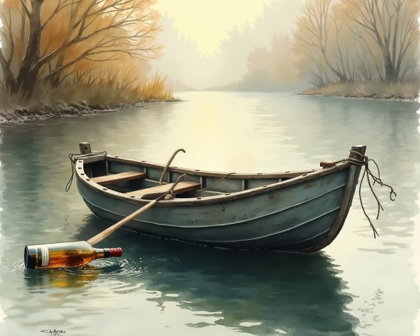 Serene River Scene with Boat and Autumn Trees