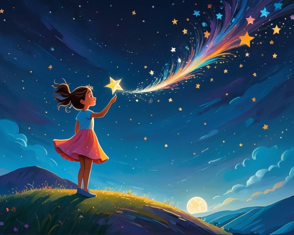 Young girl on grassy hill with starry night sky