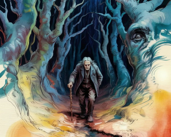 Elderly Figure in a Mystical Dark Forest Scene