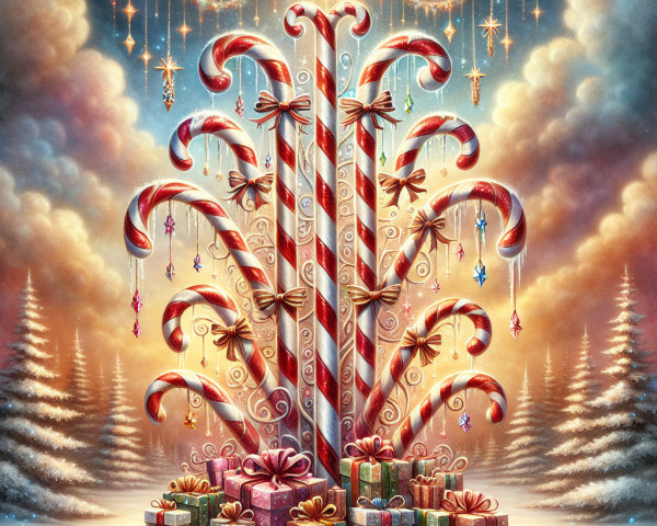 Whimsical Christmas Scene with Candy Cane Tree