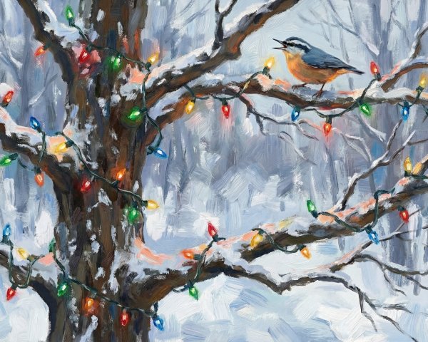Nuthatch on Snowy Branch with Christmas Lights Painting