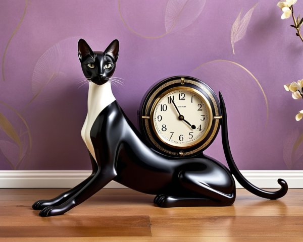 Black Cat Sculpture with Vintage Clock Design